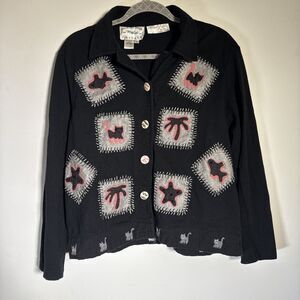 Vintage Womens Country Wear Casuals Button Up Black/Orange Cat/Fish Shirt Sz M